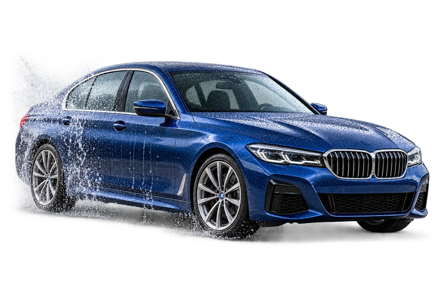 Blue sedan covered in water during a wash